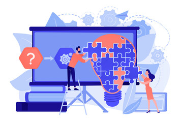 Team working on analyzing the factors or causes contributing to the unwanted situation. Problem solving, find solutions, problem-solving techniques. Pinkish coral bluevector isolated illustration