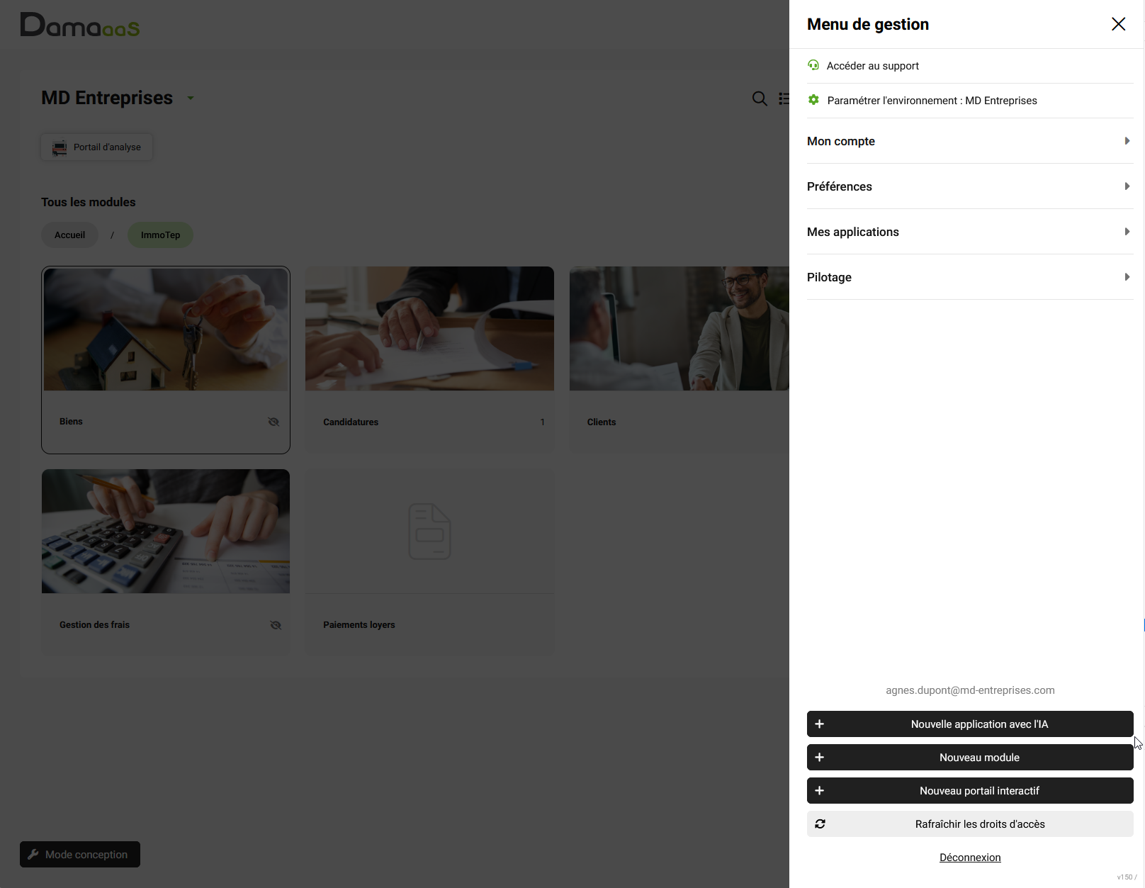 Bouton Nouvelle application avec l’IA dans le menu de gestion de DAMAaaS
