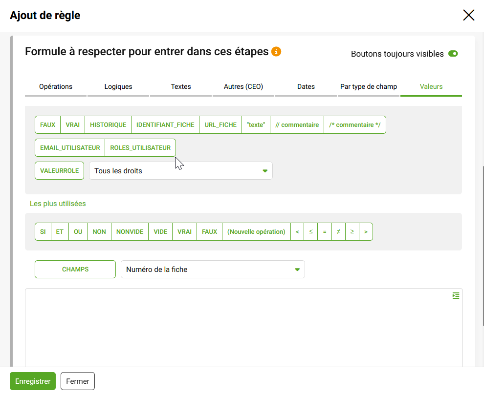 Règle utilisant la fonction EMAIL_UTILISATEUR() dans DAMAaaS