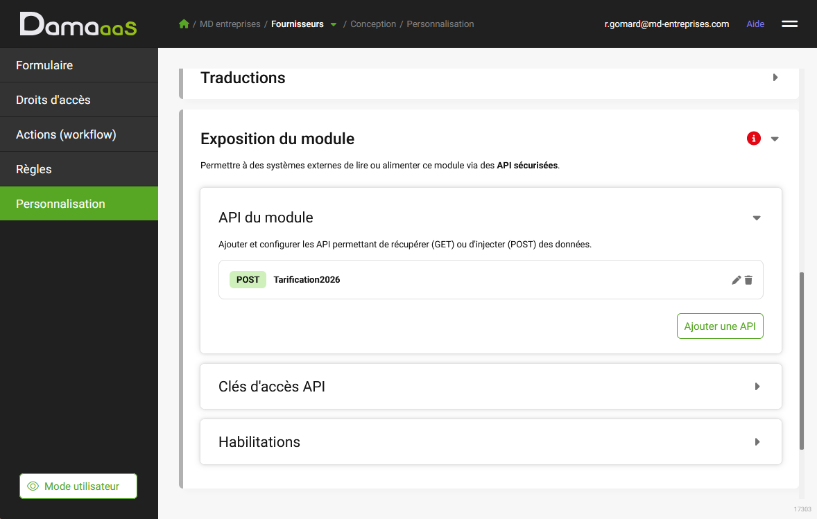 Exposition d’un module DAMAaaS par API avec ses APIs, clés d’accès et habilitations