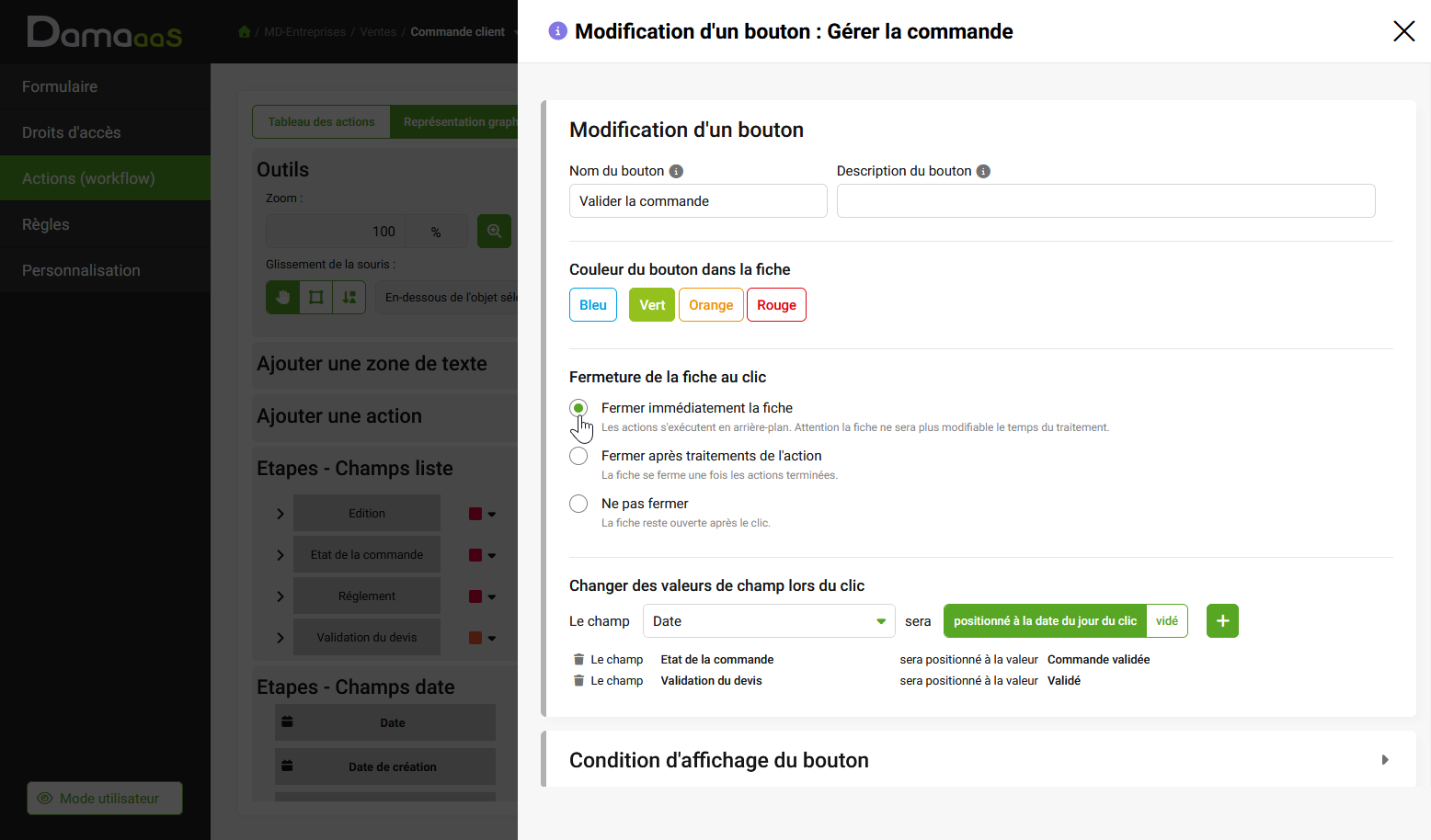 Options de fermeture de la fiche pour le lancement asynchrone des actions dans le workflow DAMAaaS